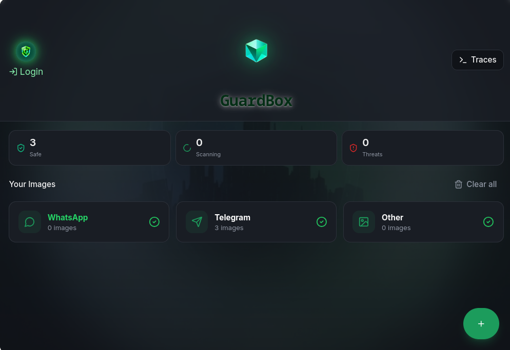GuardBox app preview showing safe images dashboard with WhatsApp, Telegram and Other folders